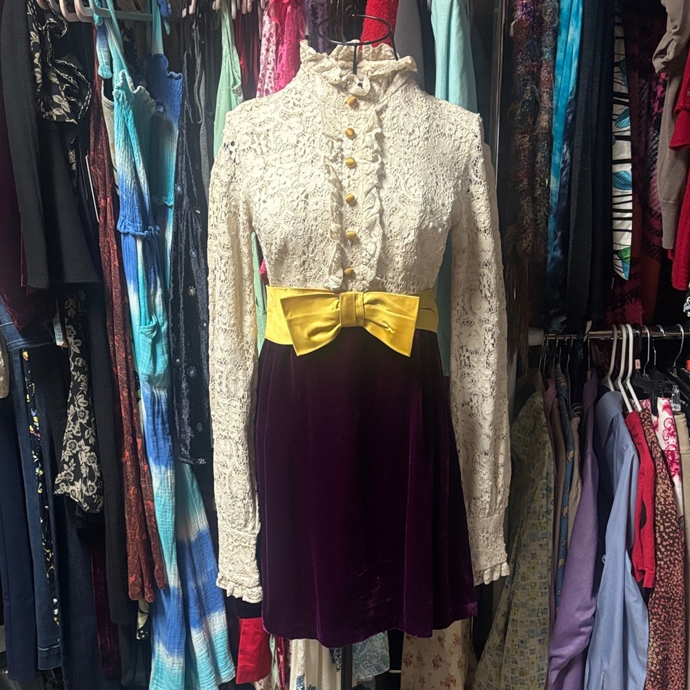 True Vintage Cream lace and Purple velvet mini dress 1960s